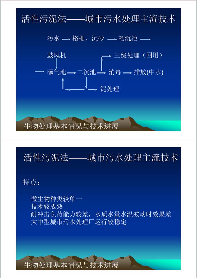 生物处理的基本要素污水生物处理基本情况与技术进展大中型城市污水处理厂运行较稳定耐冲击负荷能力较差，水质水量水温波动时效果差技术较成熟微生物种类较单一特点： 城市污水处理主流技术法法活性污泥活性污泥处理